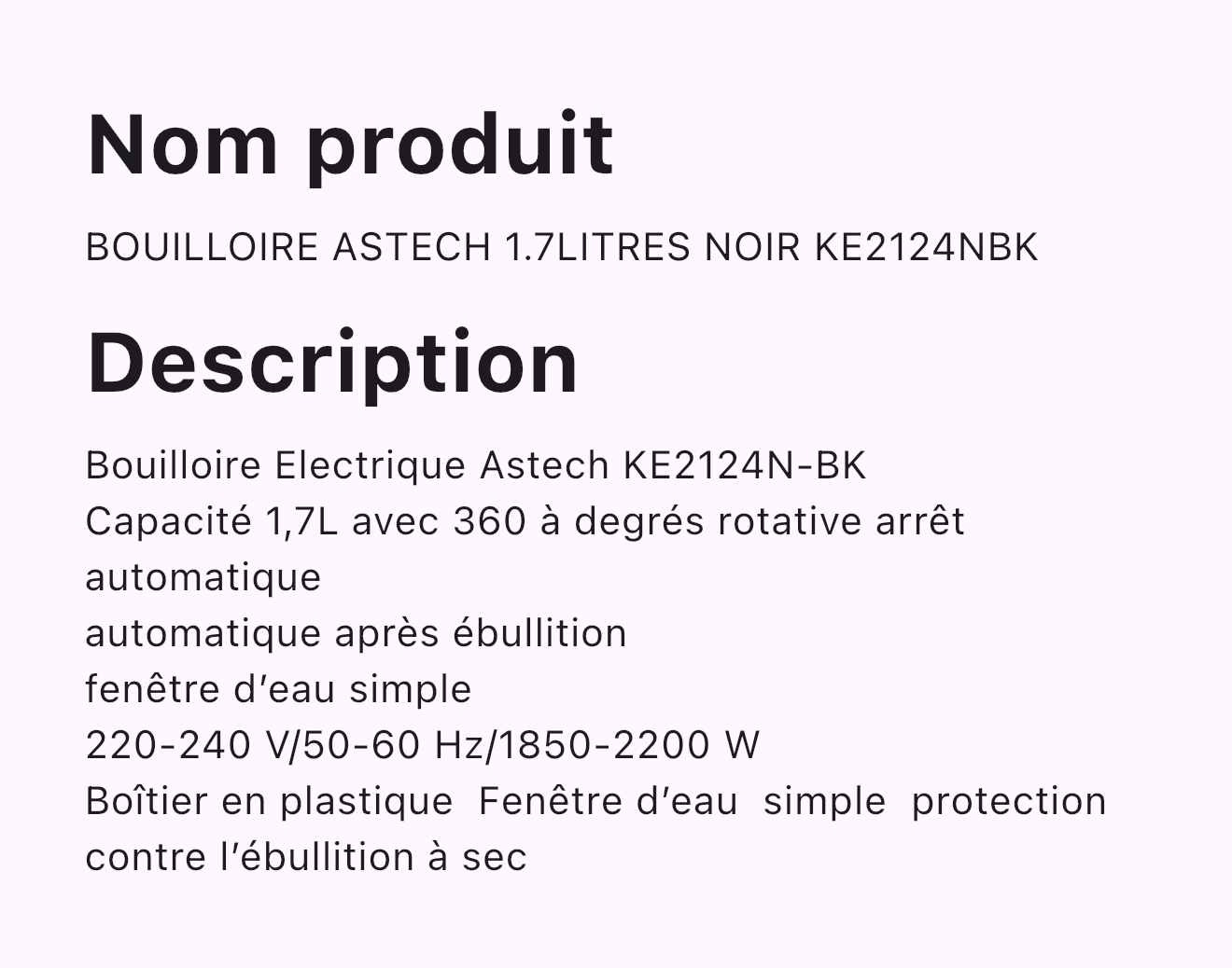 BOUILLOIRE ASTECH 1.7LITRES NOIR KE2124NBK